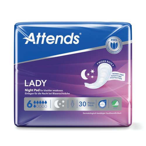 Attends Lady Sanitary Pads Size 6 Night (Pack of 30) 211939