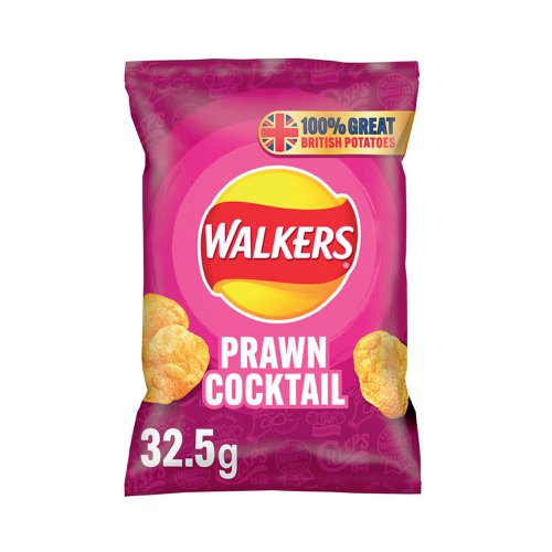 Enjoy these delicious prawn cocktail flavour crisps from Walkers. These indulgent crisps are made from 100% great British potatoes and are free from artificial colours, preservatives and MSG. Suitable for vegetarians, this bulk pack contains 32 packs of 32.5g crisps.