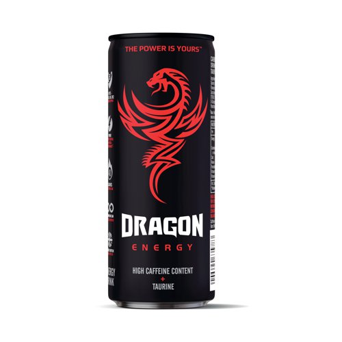 Dragon Energy is a fruit flavoured energy drink giving a sustained hit of energy to propel you through the day. With a mixture of sugars, sweeteners, caffeine and taurine to give energy, supporting physical and mental performance, this drink is supplied in a pack of 24 250ml cans.