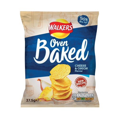 Delivering that delicious classic cheese and onion flavour, the Walkers Baked range offer all your favourite flavours with the added benefit of containing up to 50% less fat than the regular varieties. Oven baked to ensure extra crispiness and crunchiness, Walkers Baked contain no added MSG, artificial colours or preservatives. This pack contains 32 37.5g packets of crisps.