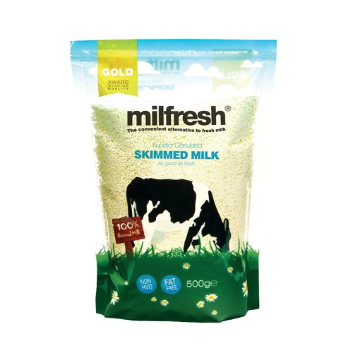 Ideal for travel, conferences or offices without a way to store fresh milk, Milfresh Gold Skimmed Granulated Milk offers a convenient alternative to fresh milk. Made from pure milk, it is fat free and has an authentic taste, ideal for milky coffees. Perfect for health conscious coffee lovers, it contains no added colours, preservatives or Hydrogenated Fats.