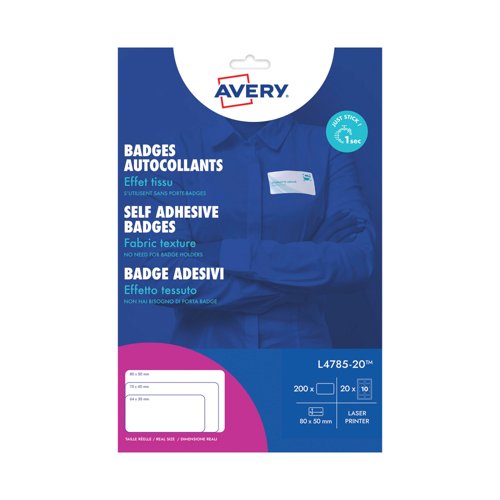 Avery Printable Name Badge Stickers 80x50mm Pack of 200 L4785-20