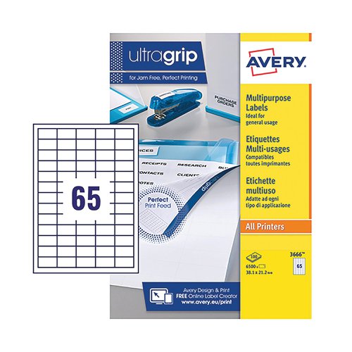 Avery Ultragrip Multipurpose Labels 38.1x21.2mm 65 Per Sheet White (Pack of 6500) 3666