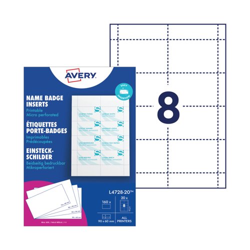 Avery Printable Badge Insert Refill 90x60mm White Pack of 160 L4728-20