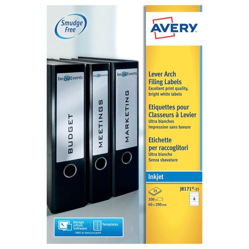 Avery Inkjet L/Arch Filing Labels 4 Per Sheet Wht (Pack of 100) J8171-25 | AV00205 | Avery UK