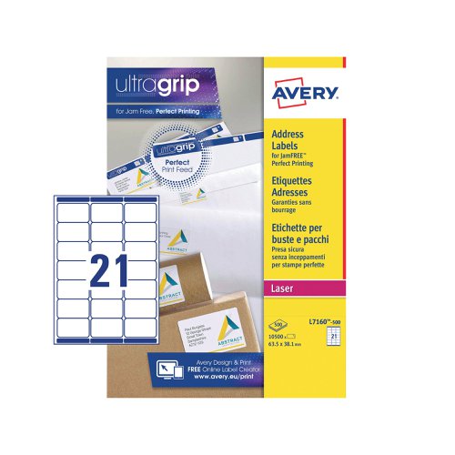 Avery Ultragrip Laser Labels 63.5x38.1mm Wht (Pack of 10500) L7160-500 | Avery UK