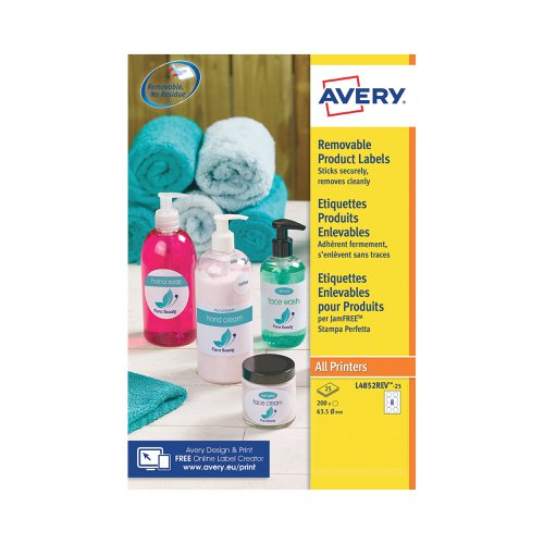 Designed for use with all printers, these Avery removable labels stick securely to almost any surface and can be removed or repositioned without leaving sticky residue. JamFree technology has been developed for these labels to optimise them for smooth, uninterrupted use with your printer. Try Avery's free software and templates to design professional looking labels. These round labels are 63.5mm in diameter and this pack contains 25 sheets with 8 labels per sheet (200 labels in total).