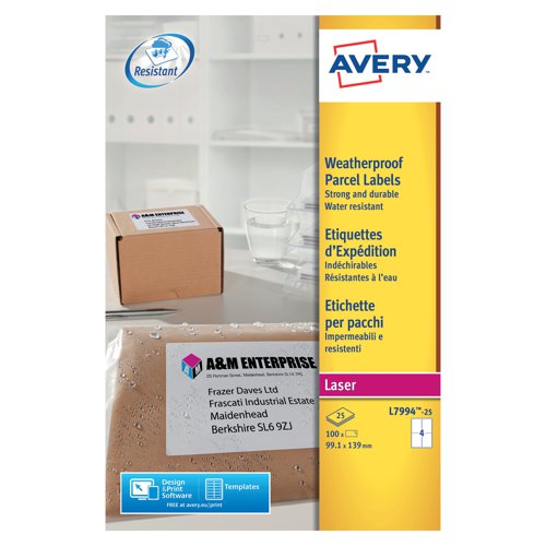 Avery Weatherproof Shipping Label 4 Per Sheet (Pack of 100) L7994-25