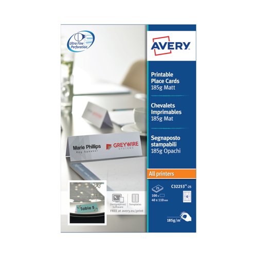 Avery Printable Place Tent Cards 110x40mm Wht Pack of 100 C32253-25.UK