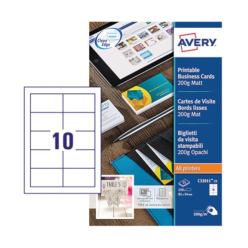 Avery Multipurpose Business Cards Matte White (Pack of 250) C32011-25