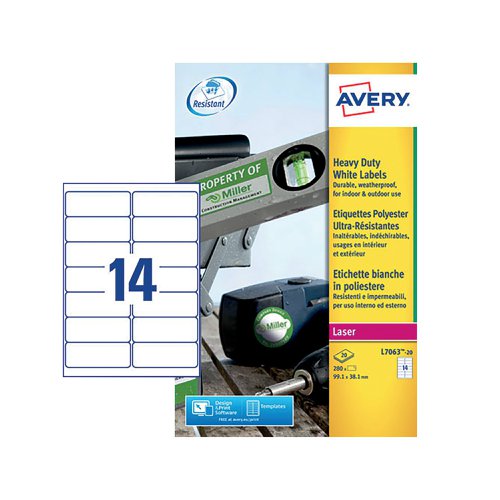 Avery Laser Label Heavy Duty 14 Per Sheet White (Pack of 280) L7063-20 | Avery UK