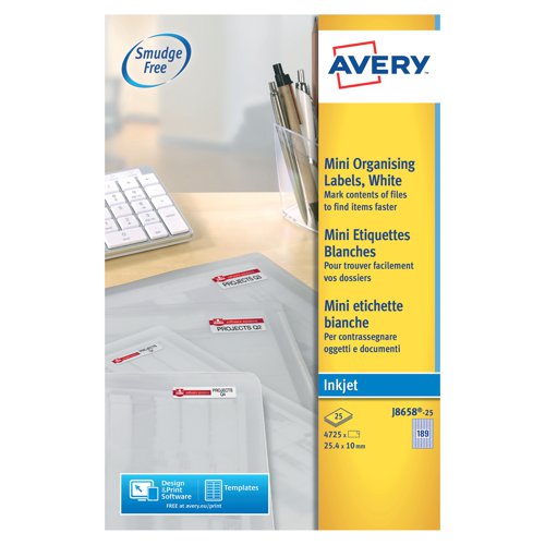 Avery Inkjet Mini Labels 189 Per Sheet White (Pack of 4725) J8658-25 | AV10633 | Avery UK