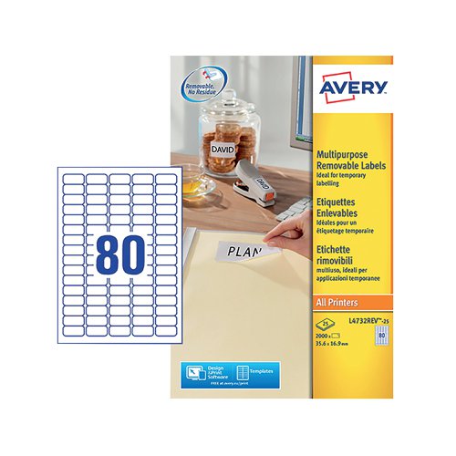 Avery Removable Labels 80 Per Sheet White (Pack of 2000) L4732REV-25 | AV10636 | Avery UK