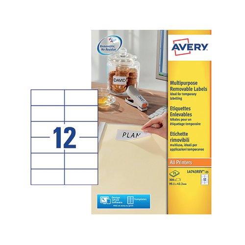 Avery Removable Labels 12 Per Sheet White (Pack of 300) L4743REV-25 | Avery UK