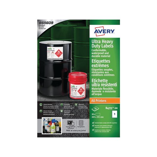 Avery Ultra Heavy Duty Waterproof Labels 209x291mm Pack of 20 B4775-20