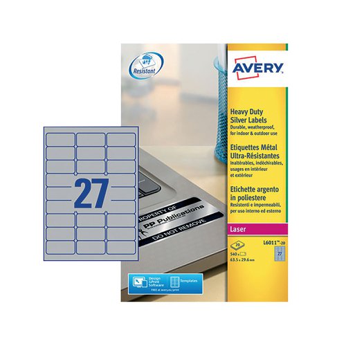 Avery Laser Label H/Duty 27 Per Sheet Silver (Pack of 540) L6011-20