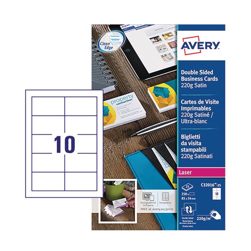 Avery Laser Business Cards Dbl-Sided Satin Wht (Pack of 250) C32016-25