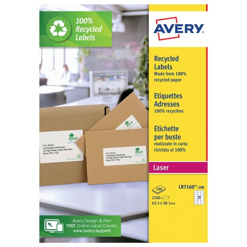 Avery Laser Label Recycled 21 Per Sheet Wht (Pack of 2100) LR7160-100 | Avery UK