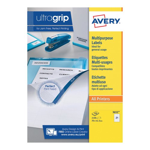 Avery Ultragrip Multipurpose Labels 70x42.3mm 21 Per Sheet White (Pack of 2100) 3652