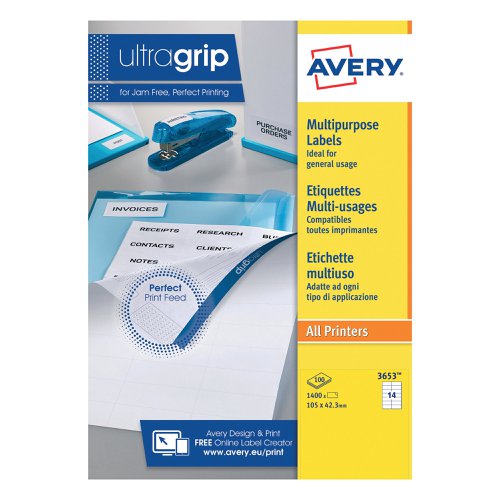 Avery Ultragrip Multipurpose Labels 105x42.3mm 14 Per Sheet White (1400 Pack) 3653