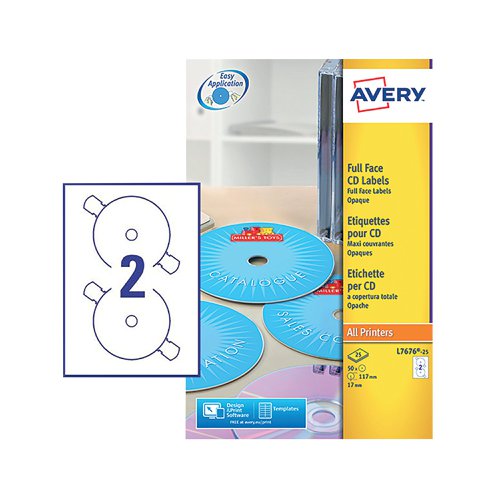 Avery White Full Face CD DVD Laser Label 2 Per Sheet (Pack of 50) L7676-25