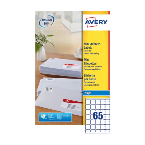 Avery Inkjet Mini Labels 38.1x21.2mm 65 Per Sheet White (16Pack of 25) J8651-25 | AVJ8651 | Avery UK