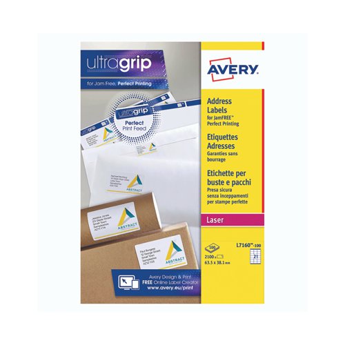 Avery Ultragrip Laser Address Labels QuickPEEL 63.5x38.1mm 21 Per Sheet Wht (Pack of 2100) L7160-100