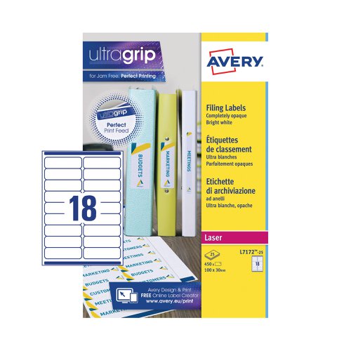 Avery Laser Ring Binder Label 100mmx30mm 18 Per Sheet White (Pack of 450) L7172-25