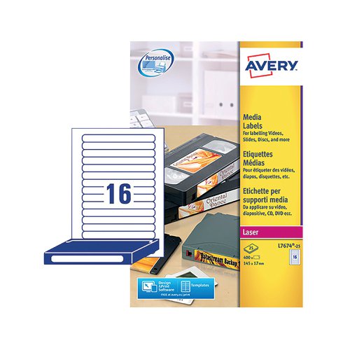 Avery Video Spine Label 145x17mm 16 Per Sheet White (Pack of 400) L7674-25 | AVL7674 | Avery UK