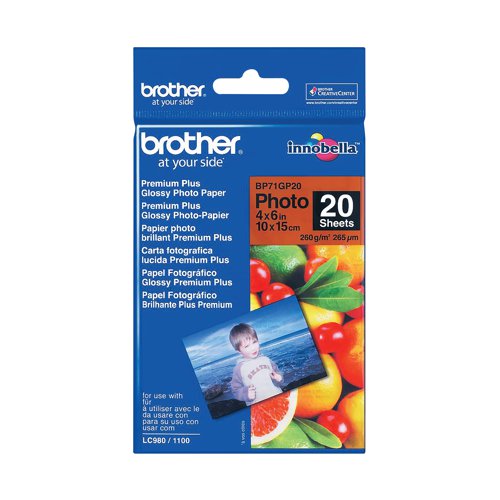 Brother Premium Plus Glossy photo paper, each sheet measures 100x150mm (4x6 inches), for photos which are reproduced crisply and cleanly. Carefully designed and expertly engineered to provide you with the best possible results. Ideal for printing photos. Quality gloss coating and sturdy 260gsm paper ensures your prints last longer. Pack contains 20 sheets.