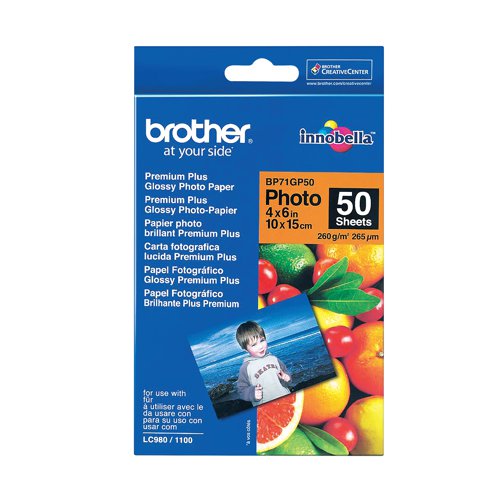 Brother Premium Plus Glossy photo paper, each sheet measures 100x150mm (4x6 inches), for photos which are reproduced crisply and cleanly. Carefully designed and expertly engineered to provide you with the best possible results. Ideal for printing photos. Quality gloss coating and sturdy 260gsm paper ensures your prints last longer. Pack contains 50 sheets.