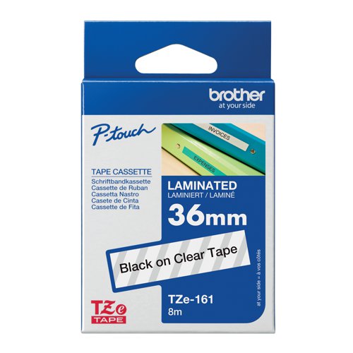 Brother P-Touch TZe Laminated Tape Cassette 36mm x 8m Black on Clear Tape TZE161