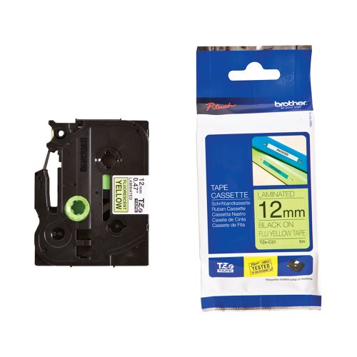 Brother P-Touch TZe Laminated Tape Cassette 12mm x 5m Black on Fluoroscent Yellow Tape TZEC31