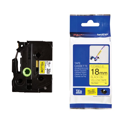 Brother P-Touch TZe Laminated Tape Cassette 18mm x 8m Black on Yellow Flexible ID Tape ZEFX641