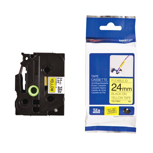 Brother P-Touch TZe Tape Cassette 24mm x 8m Black on Yellow Flexible ID Labelling Tape TZEFX651