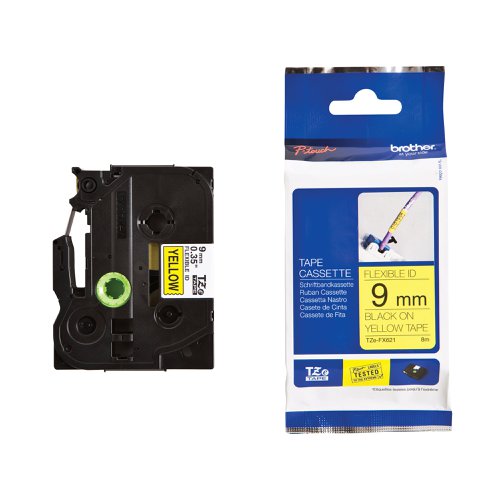 Brother P-Touch TZe Laminated Tape Cassette 9mm x 8m Black on Yellow Flexible ID Tape TZEFX621