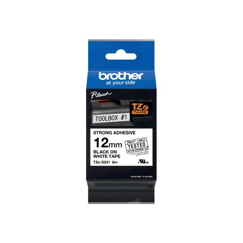 Brother P-Touch TZe Laminated Tape Cassette 12mm x 8m Black on White Tape TZES231