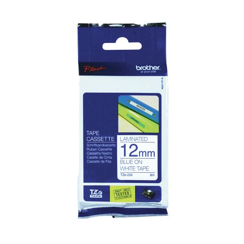 Brother P-Touch TZe Lam Tape Cassette 12mm x 8m Blue on White Tape TZE233