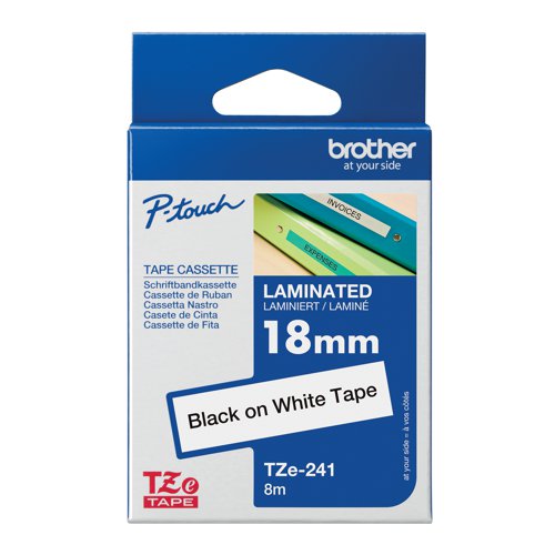 Brother P-Touch TZe Lam Tape Cassette 18mm x 8m Black on White Tape TZE241