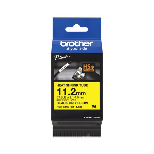 Brother HSe Heat Shrink Tube Tape Cassette 11.2mm x 1.5m Black on Yellow HSe631E