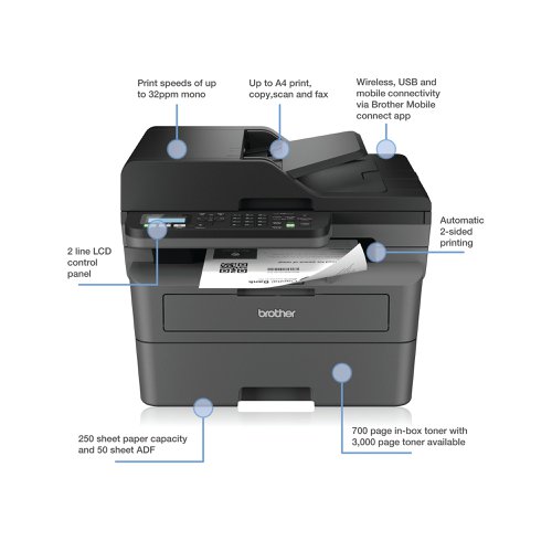 Brother MFC-L2800DW A4 4-in-1 Wireless Mono Laser Printer MFCL2800DWZU1