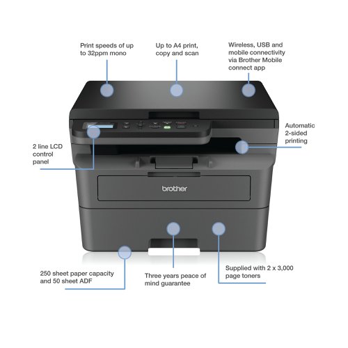 Brother DCP-L2627DWXL A4 3-in-1 Wireless Mono Laser Printer DCPL2627DWXLZU1