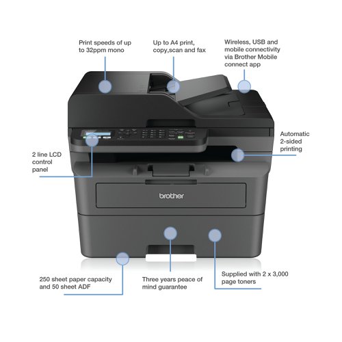 Brother MFC-L2827DWXL A4 4-in-1 Wireless Mono Laser Printer MFCL2827DWXLZU1 Mono Laser Printer BA83147