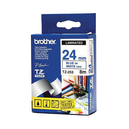 Brother P-Touch TZe Lam Tape Cassette 24mm x 8m Blue on White Tape TZE253