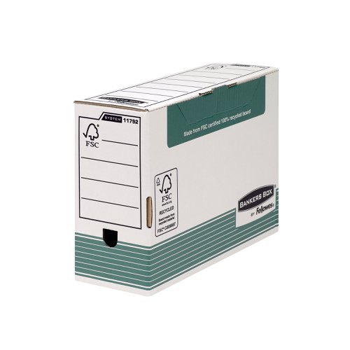 This Bankers Box transfer file features time saving Fastfold automatic assembly and a locking tab lid to help keep contents secure. Compatible with Bankers Box system storage boxes and filing units, the transfer file has a large 120mm spine width and can hold both A4 and foolscap documents. This pack contains 10 green and white transfer files measuring W120 x D360 x H255mm (internal dimensions).