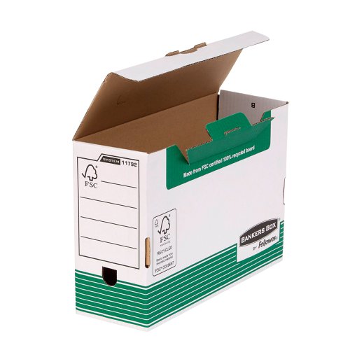 This Bankers Box transfer file features time saving Fastfold automatic assembly and a locking tab lid to help keep contents secure. Compatible with Bankers Box system storage boxes and filing units, the transfer file has a large 120mm spine width and can hold both A4 and foolscap documents. This pack contains 10 green and white transfer files measuring W120 x D360 x H255mm (internal dimensions).