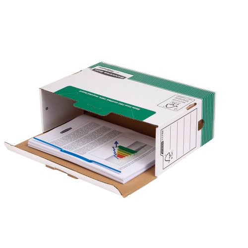 This Bankers Box transfer file features time saving Fastfold automatic assembly and a locking tab lid to help keep contents secure. Compatible with Bankers Box system storage boxes and filing units, the transfer file has a large 120mm spine width and can hold both A4 and foolscap documents. This pack contains 10 green and white transfer files measuring W120 x D360 x H255mm (internal dimensions).