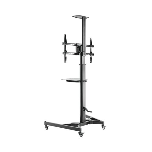 The Filex TV Stand is an excellent solution for maximizing your screens capabilities. This versatile floor stand is easily adjustable in height, reaching up to 155cm from the center of the VESA mount, enabling you to achieve the perfect viewing angle for your audience. It is designed to accommodate screens ranging from 37 to 70 inches and has a load capacity of 50kg for the screen itself. Additionally, it can support a multimedia tray and a beamer tray, each with a capacity of 5kg. The stand is compatible with VESA hole patterns ranging from 200x200mm to 600x400mm and features four solid casters, each equipped with a brake for stability. This TV stand is not only functional but also equipped with various features to enhance your viewing experience. It boasts a telescopic, height-adjustable steel construction with a convenient crank handle for effortless TV height adjustments. The free-tilt design allows for easy forward or backward adjustments, reducing glare and providing a comfortable viewing angle, whether standing or sitting. With a quick-mounting tray for easy installation and height adjustments, as well as integrated cable management to keep your setup organized, the Filex TV Stand is a sturdy and practical choice for any environment. The heavy-duty casters make it easy to move or secure the stand in place as needed.