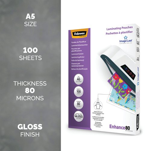 Fellowes ImageLast Laminating Pouch A5 160 Micron Total Thickness Gloss (Pack of 100) 5306002