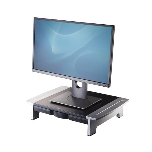 This Fellowes Office Suites Monitor Riser places your monitor at a comfortable viewing angle for ease of use and prevents aches and strains associated with computer use. Supports CRT or TFT monitors up to 36kg and features a storage drawer and space to stow laptop underneath for your convenience. This riser is height adjustable from 107 - 159mm, allowing you to customise your viewing angle to reduce neck strain. Work Better, Feel Better.